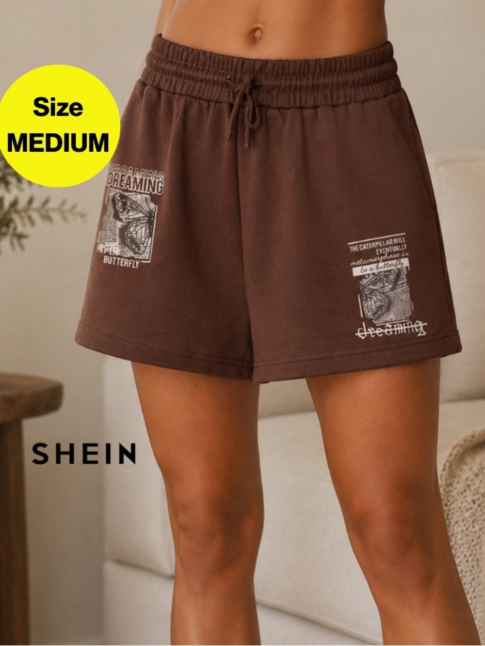 3/for $15 🍒 SHEIN Brown Graphic Drawstring Athletic Shorts (Women’s Size Medium)